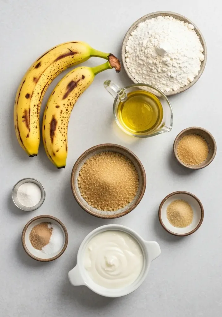 The Best Eggless Banana Bread Recipe (Amazingly Moist & Easy!) 2 Ingredients for eggless banana bread, including ripe bananas, flour, sugar, and yogurt, arranged on a light surface.