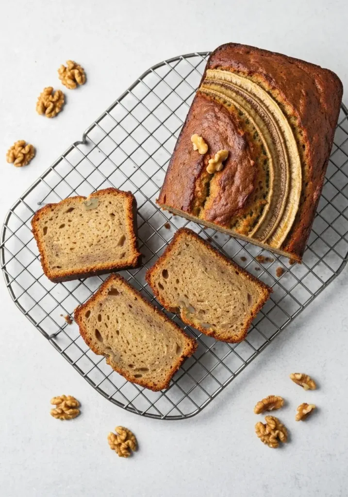 The Best Eggless Banana Bread Recipe (Amazingly Moist & Easy!) 3 Overhead shot of a sliced eggless banana bread loaf on a cooling rack.