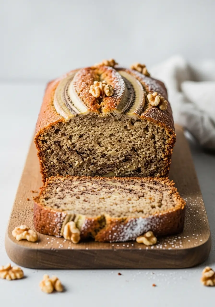 The Best Eggless Banana Bread Recipe (Amazingly Moist & Easy!) 4 A loaf of moist eggless banana bread sliced on a wooden board to show its tender texture.