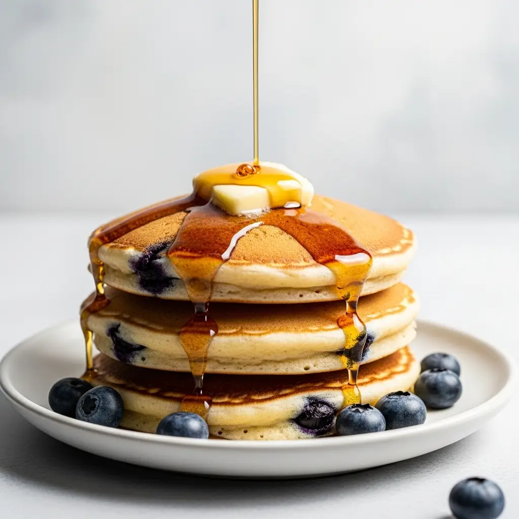 A tall stack of fluffy blueberry pancakes with a pat of melting butter and maple syrup being poured over the top.