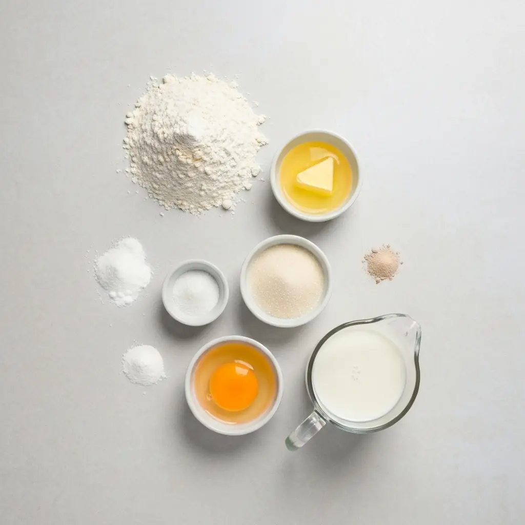 Ingredients for the fluffy pancake recipe arranged on a light surface.