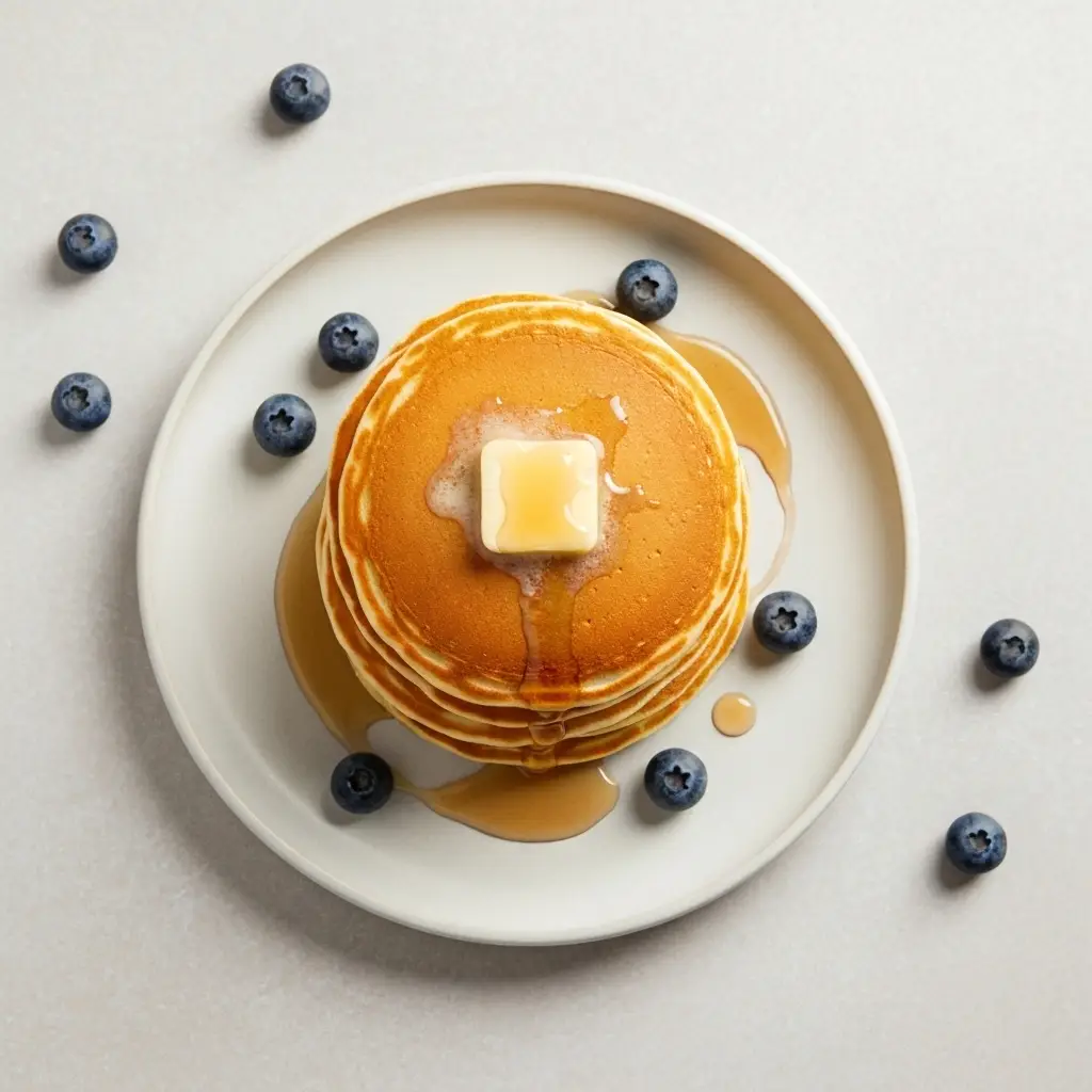 An overhead shot of a stack of fluffy pancakes on a white plate.