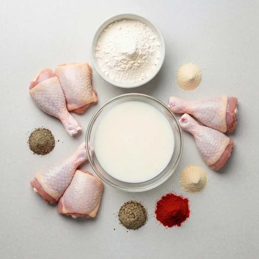 Ingredients for the fried chicken recipe, including chicken, buttermilk, flour, and spices, arranged in a flat lay.