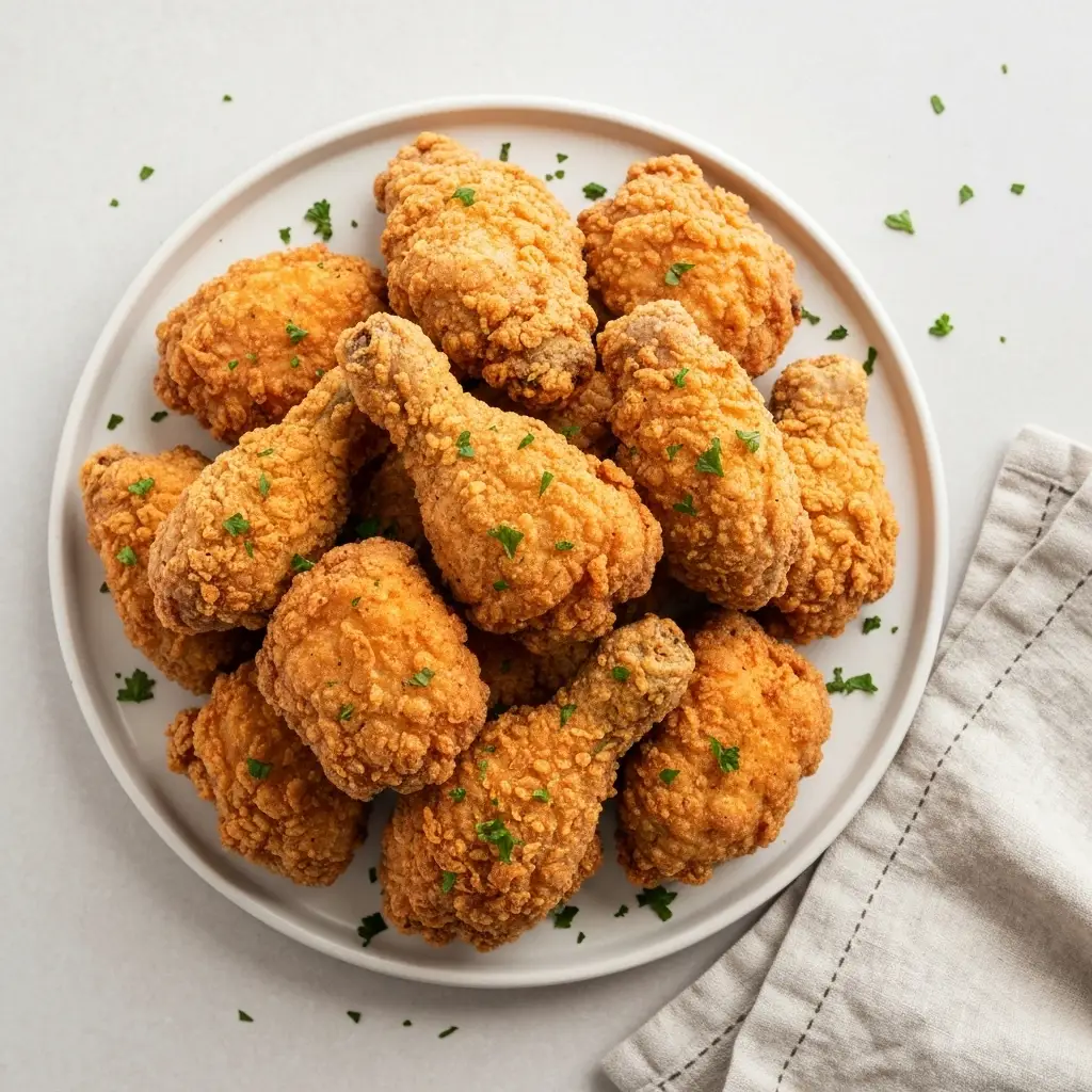 An overhead view of a platter full of golden, crispy fried chicken.