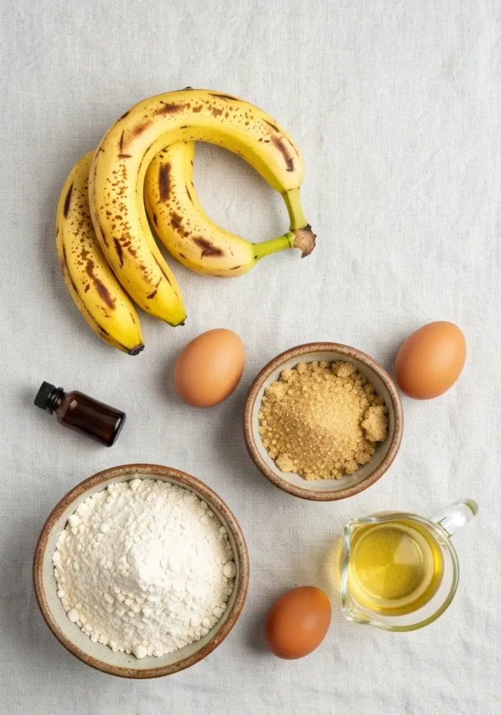Easy Gluten Free Banana Bread Recipe (Moist, Tender & So Delicious) 2 Ingredients for gluten free banana bread laid out on a light surface, including bananas, flour, sugar, and eggs.