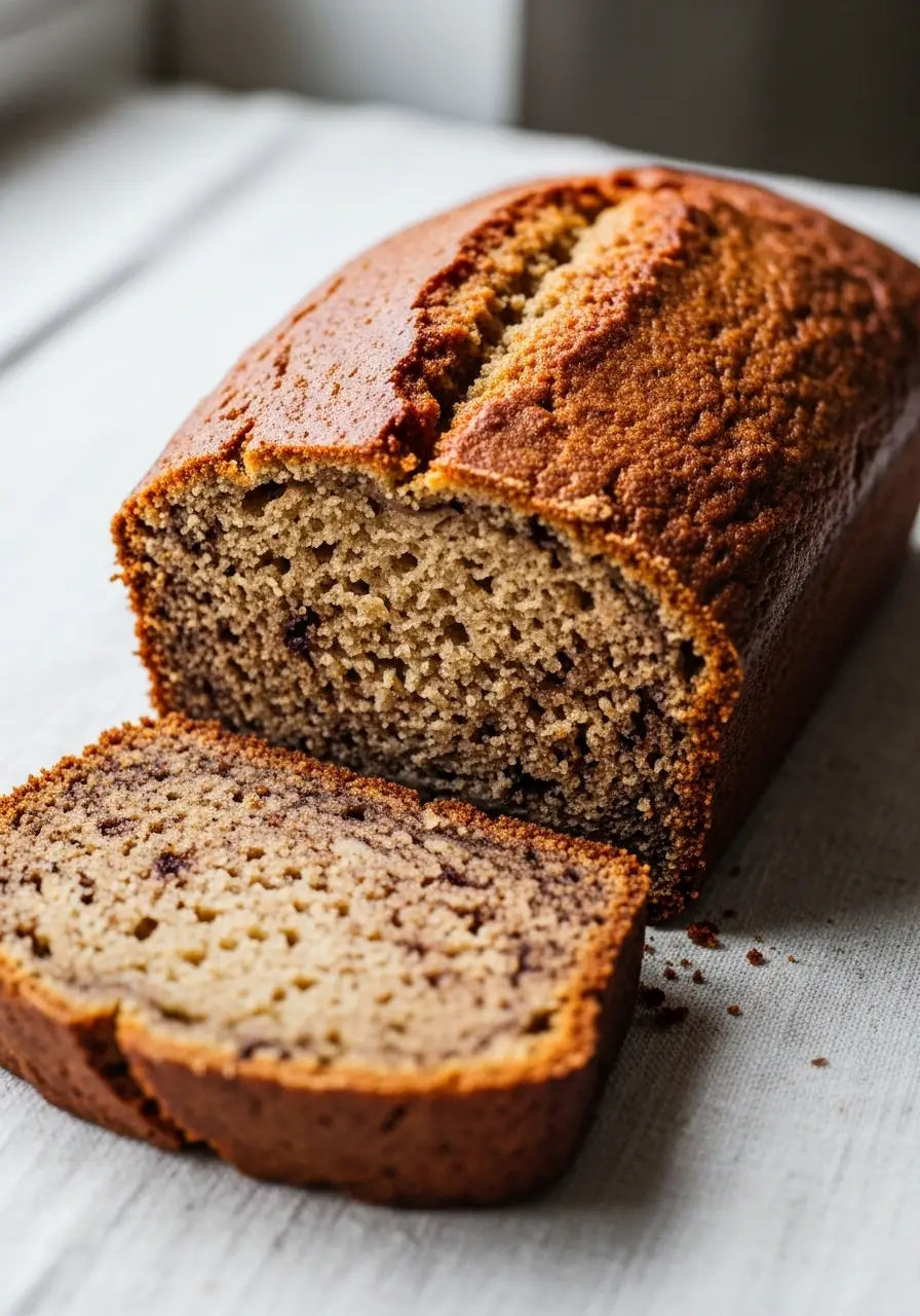 Easy Gluten Free Banana Bread Recipe (Moist, Tender & So Delicious) 4 A moist slice of gluten free banana bread leaning against the full loaf, showing the tender texture.