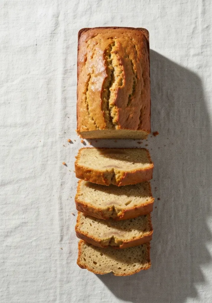 Easy Gluten Free Banana Bread Recipe (Moist, Tender & So Delicious) 3 An overhead view of a sliced loaf of gluten free banana bread on a wire cooling rack.