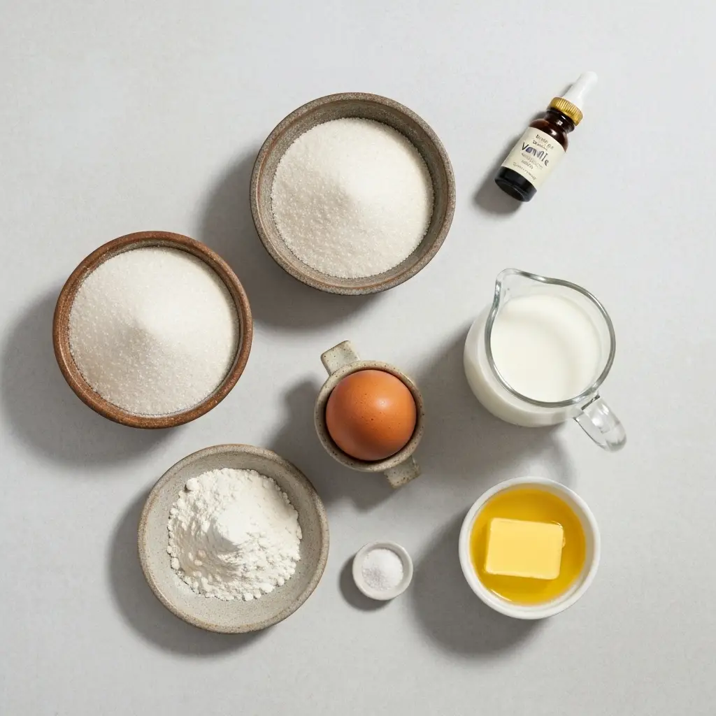 Gluten-Free Pancake Recipe (Easy, Fluffy & Foolproof!) 2 Ingredients for the gluten-free pancake recipe, including gluten-free flour, egg, milk, and sugar, arranged on a light surface.