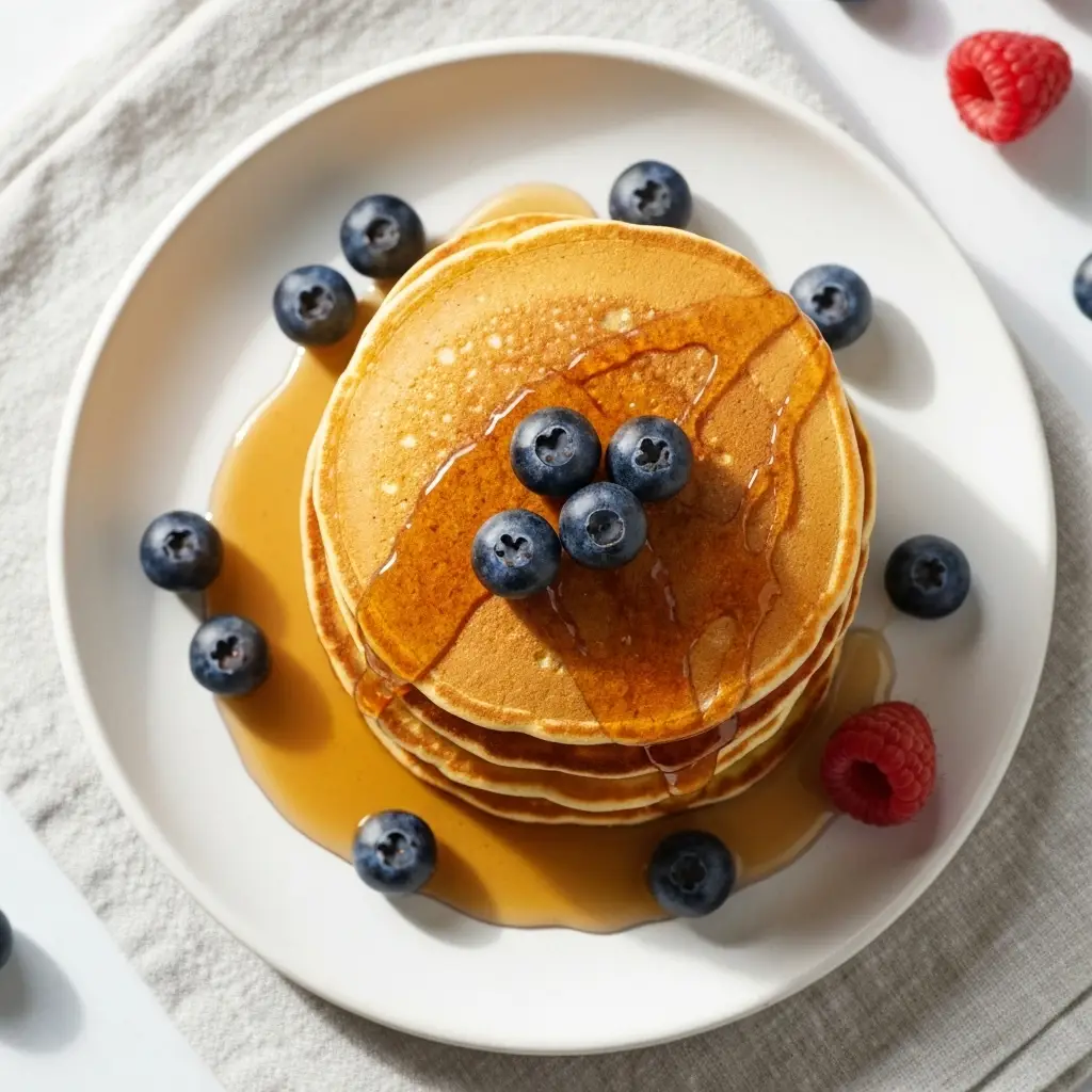 Gluten-Free Pancake Recipe (Easy, Fluffy & Foolproof!) 4 An overhead view of a stack of fluffy gluten-free pancakes topped with maple syrup and fresh berries.
