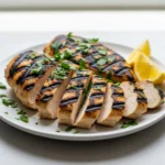 Juicy sliced grilled chicken breast on a white platter, garnished with fresh parsley.
