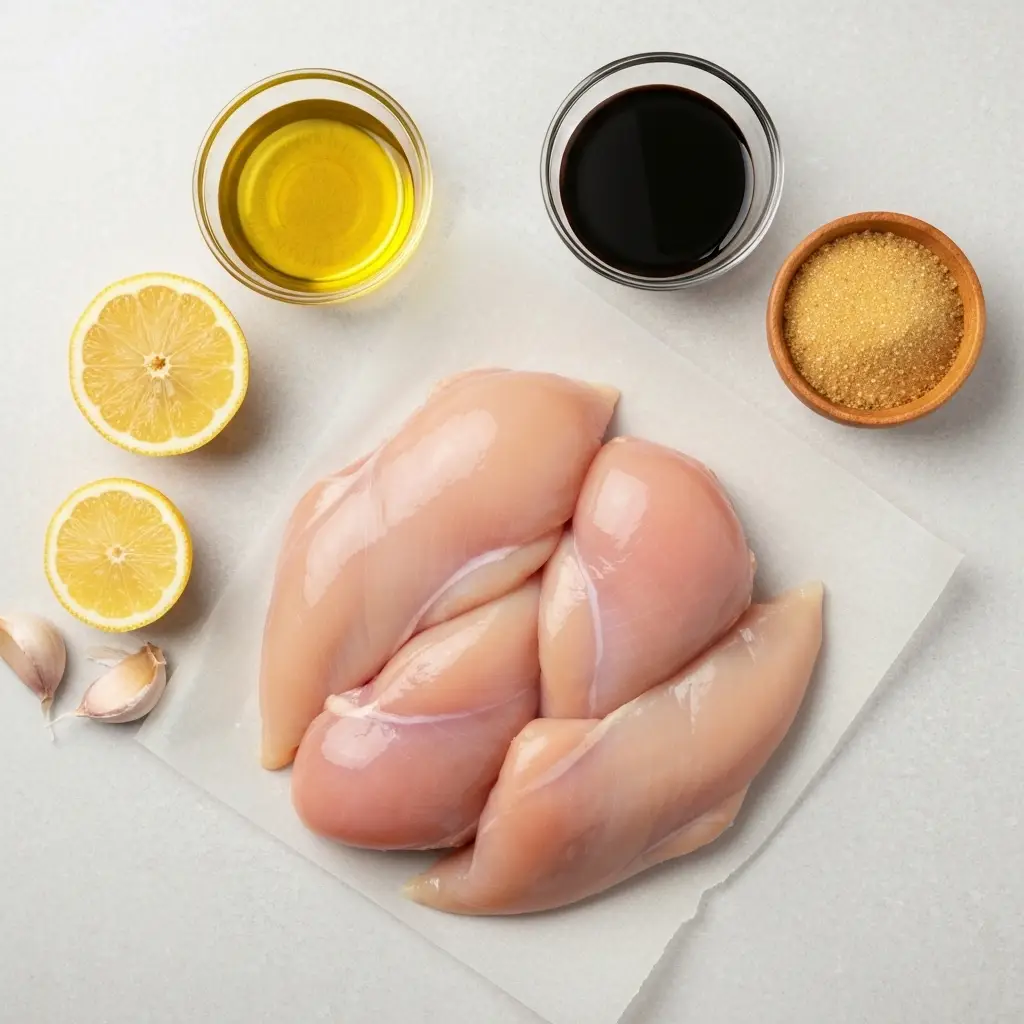 Grilled Chicken Recipe (The Only One You'll Ever Need) 2 Ingredients for grilled chicken marinade: chicken breast, olive oil, soy sauce, lemon, and garlic.