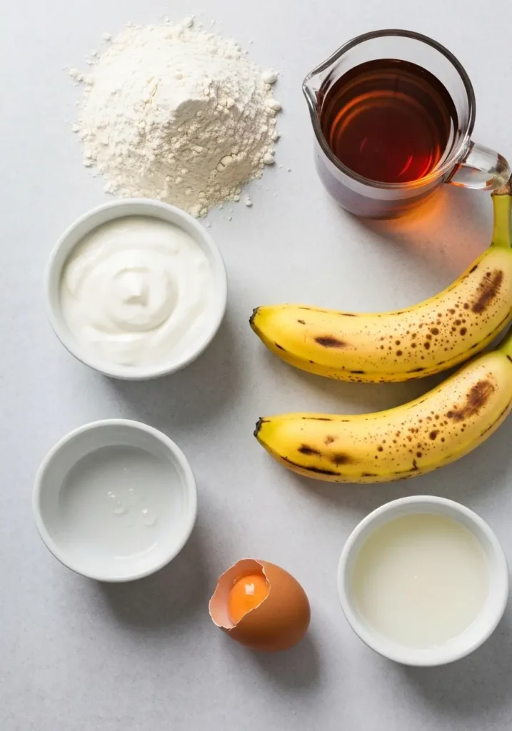 Healthy Banana Bread Recipe (Easy, Moist & Naturally Sweetened) 2 An overhead flat lay of the ingredients for healthy banana bread: ripe bananas, whole wheat flour, Greek yogurt, an egg, and maple syrup.