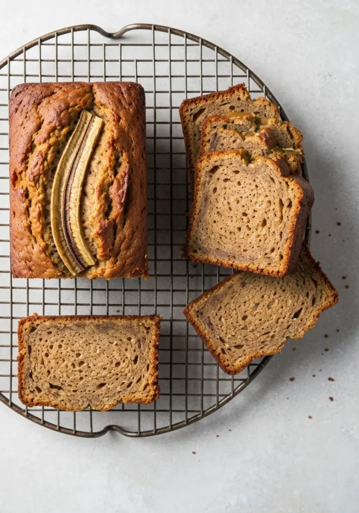 Healthy Banana Bread Recipe (Easy, Moist & Naturally Sweetened) 3 An overhead flat lay photo of a sliced healthy banana bread loaf on a wire cooling rack.