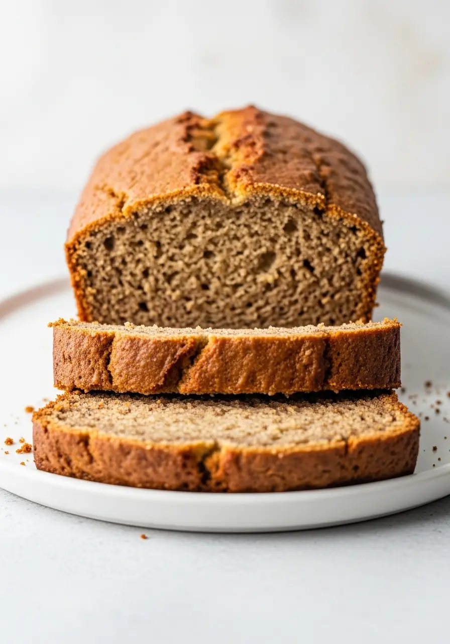 Healthy Banana Bread Recipe (Easy, Moist & Naturally Sweetened) 4 A close up 45-degree angle shot of a freshly baked healthy banana bread loaf, with one slice cut to show its moist and tender crumb.