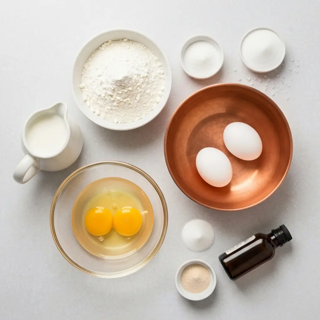 An overhead shot of the ingredients for Japanese pancakes: flour, eggs, sugar, milk, baking powder, and vanilla.