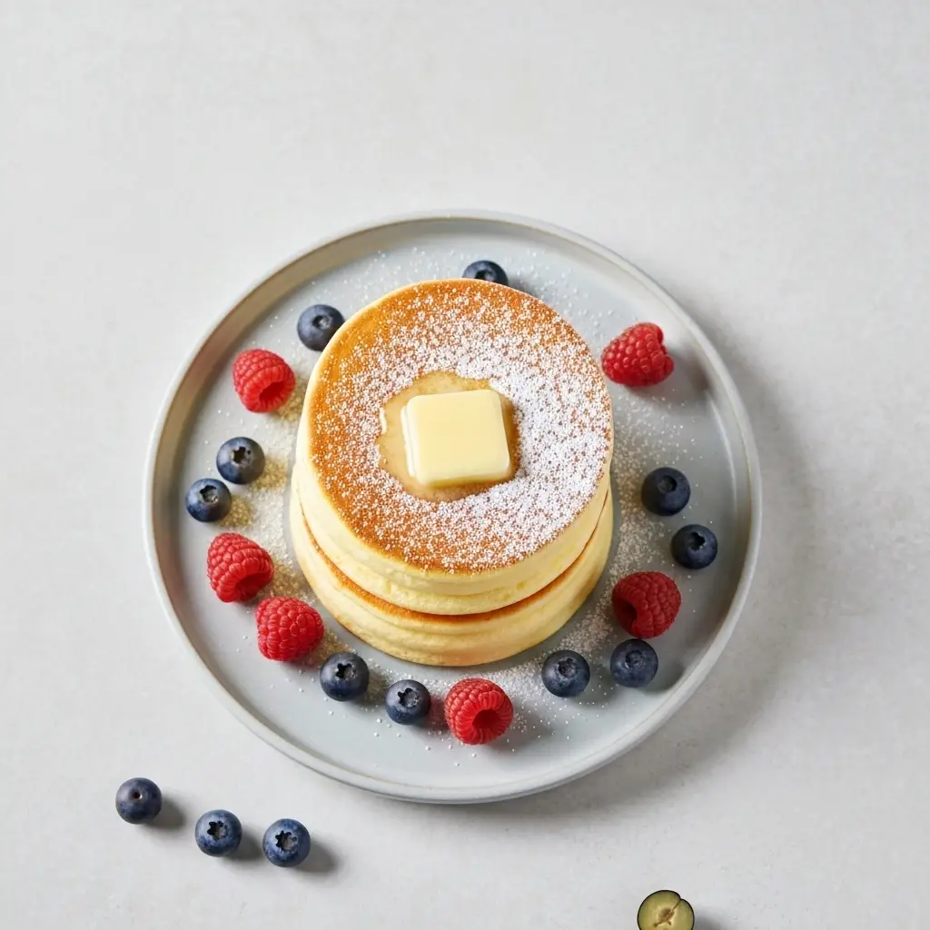 An overhead view of a stack of two golden brown Japanese pancakes dusted with powdered sugar and garnished with fresh berries.