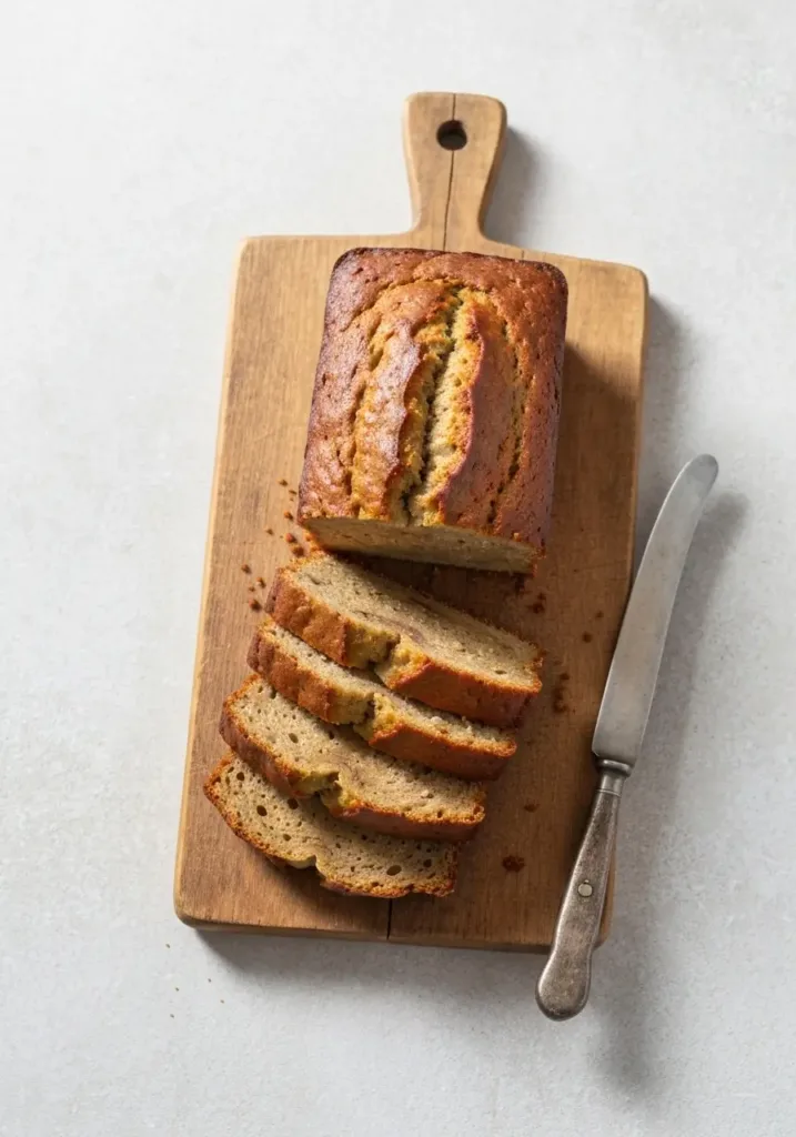 Overhead view of a sliced keto banana bread loaf.