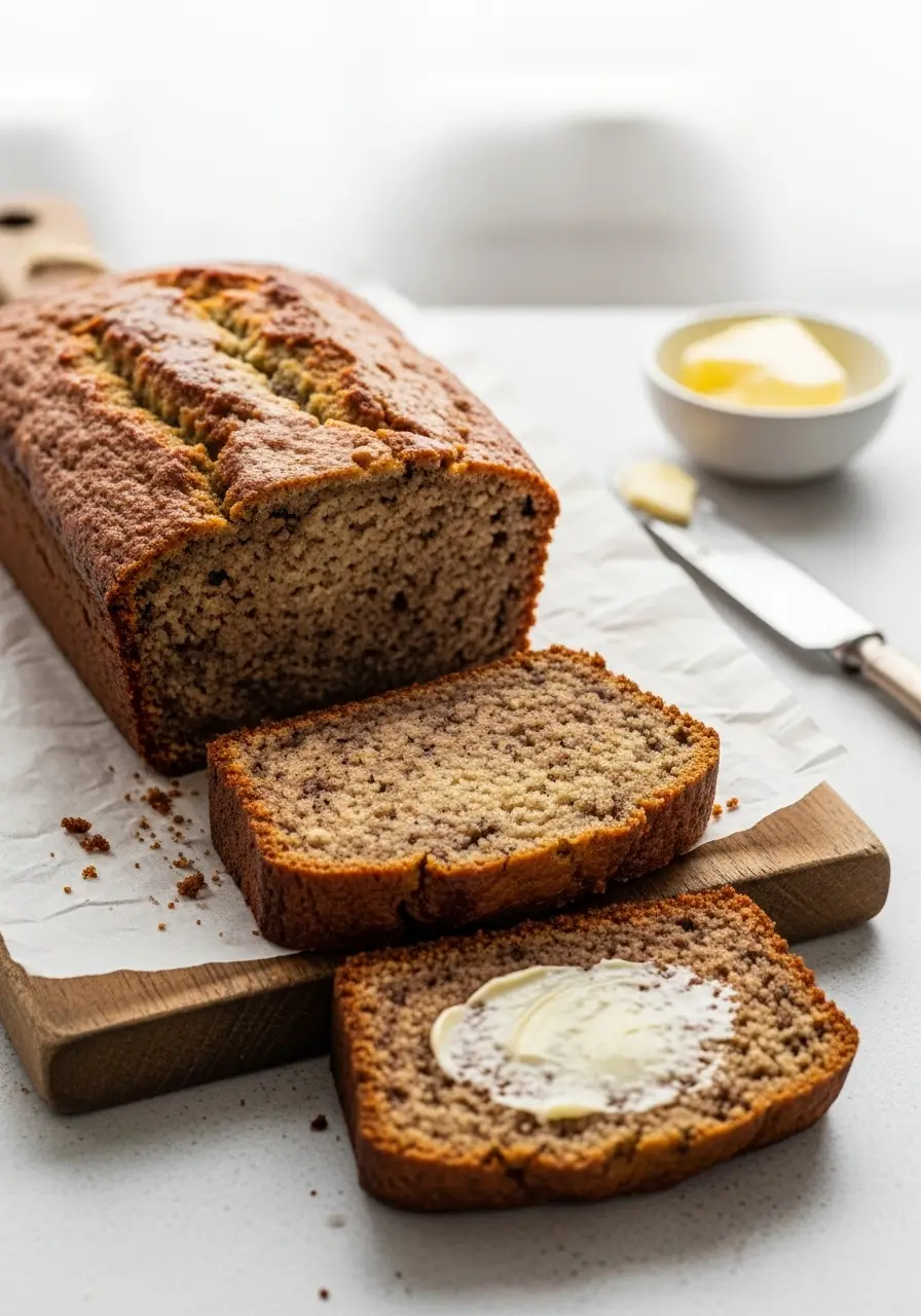 A sliced loaf of moist keto banana bread on a wooden board, with two slices in front.