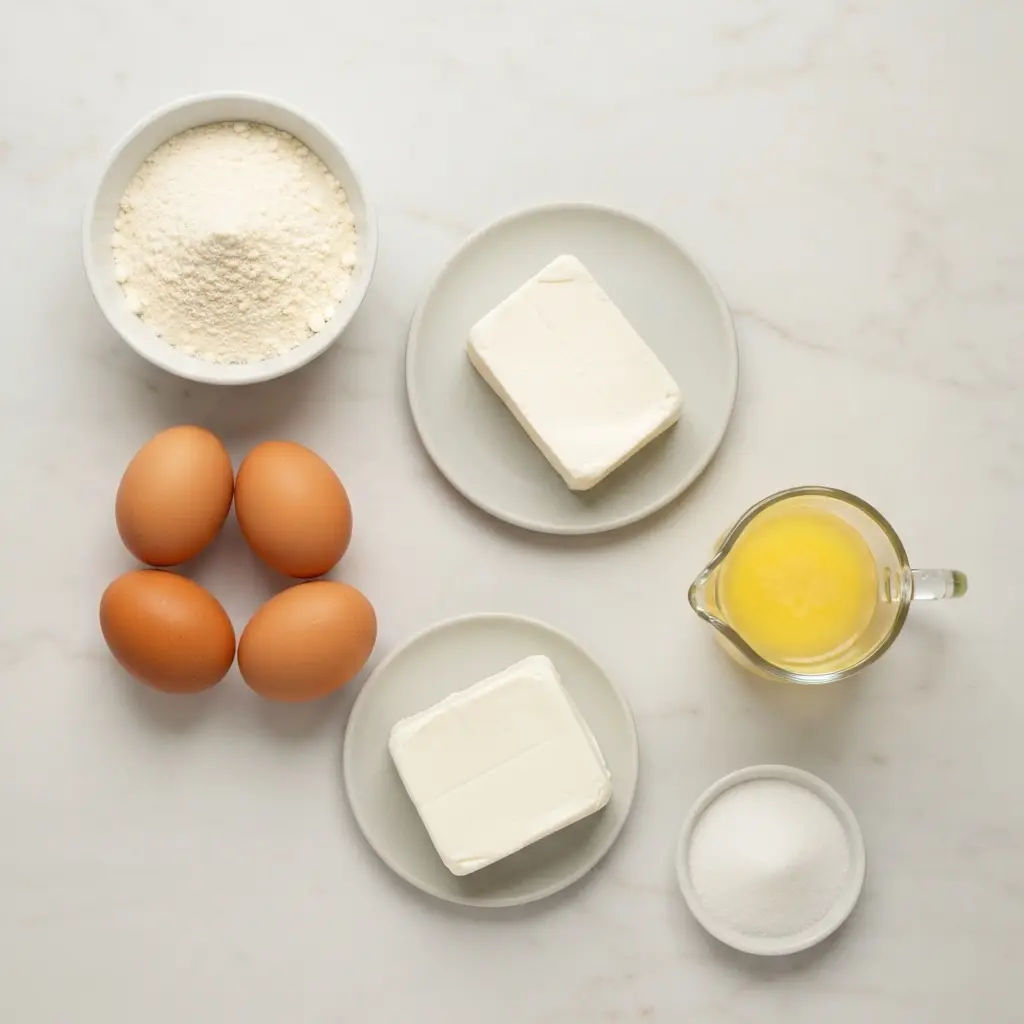 Keto Pancake Recipe (The Easiest, Fluffiest!) 2 Ingredients for the keto pancake recipe, including almond flour, cream cheese, and eggs, arranged on a marble surface.