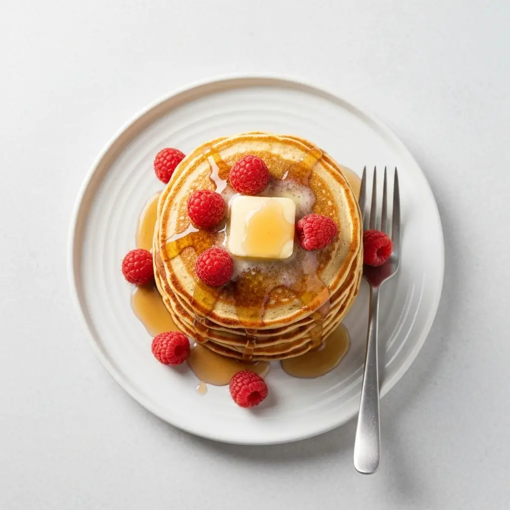 Keto Pancake Recipe (The Easiest, Fluffiest!) 4 An overhead view of a stack of fluffy keto pancakes with butter, syrup, and fresh berries.