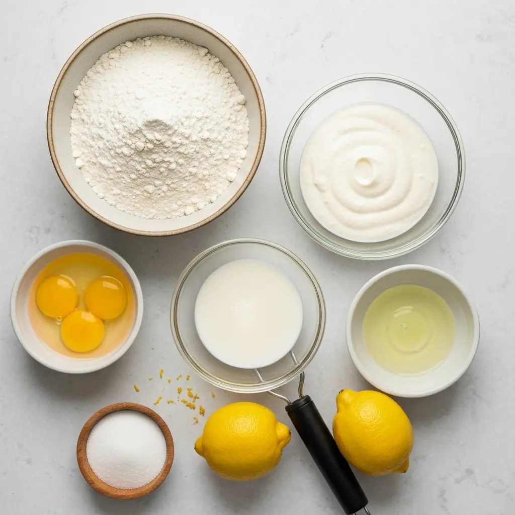Overhead view of ingredients for lemon ricotta pancakes: flour, ricotta, lemons, eggs, and buttermilk arranged on a light surface.
