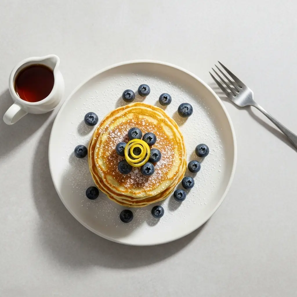An overhead shot of a plate of lemon ricotta pancakes topped with powdered sugar, fresh blueberries, and lemon zest.