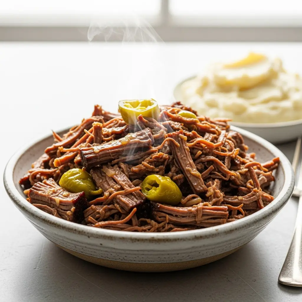 Mississippi Pot Roast: The Ultimate 5-Ingredient Slow Cooker Recipe 4 A close up 45-degree angle shot of a bowl filled with tender, juicy Mississippi pot roast, ready to be served.