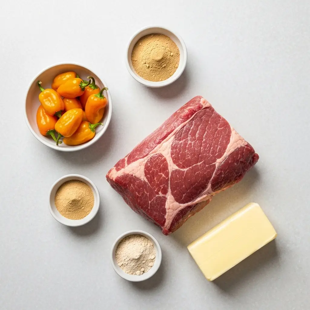 Mississippi Pot Roast: The Ultimate 5-Ingredient Slow Cooker Recipe 2 Overhead shot of the 5 ingredients for Mississippi pot roast: a chuck roast, butter, pepperoncini, ranch seasoning, and au jus mix.