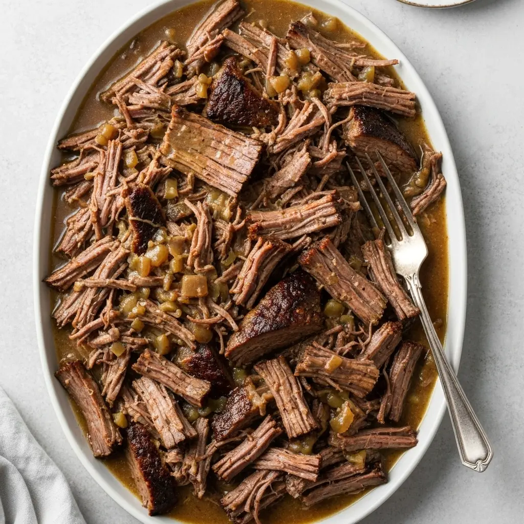 Mississippi Pot Roast: The Ultimate 5-Ingredient Slow Cooker Recipe 3 An overhead view of a large serving dish of shredded Mississippi pot roast in its gravy.