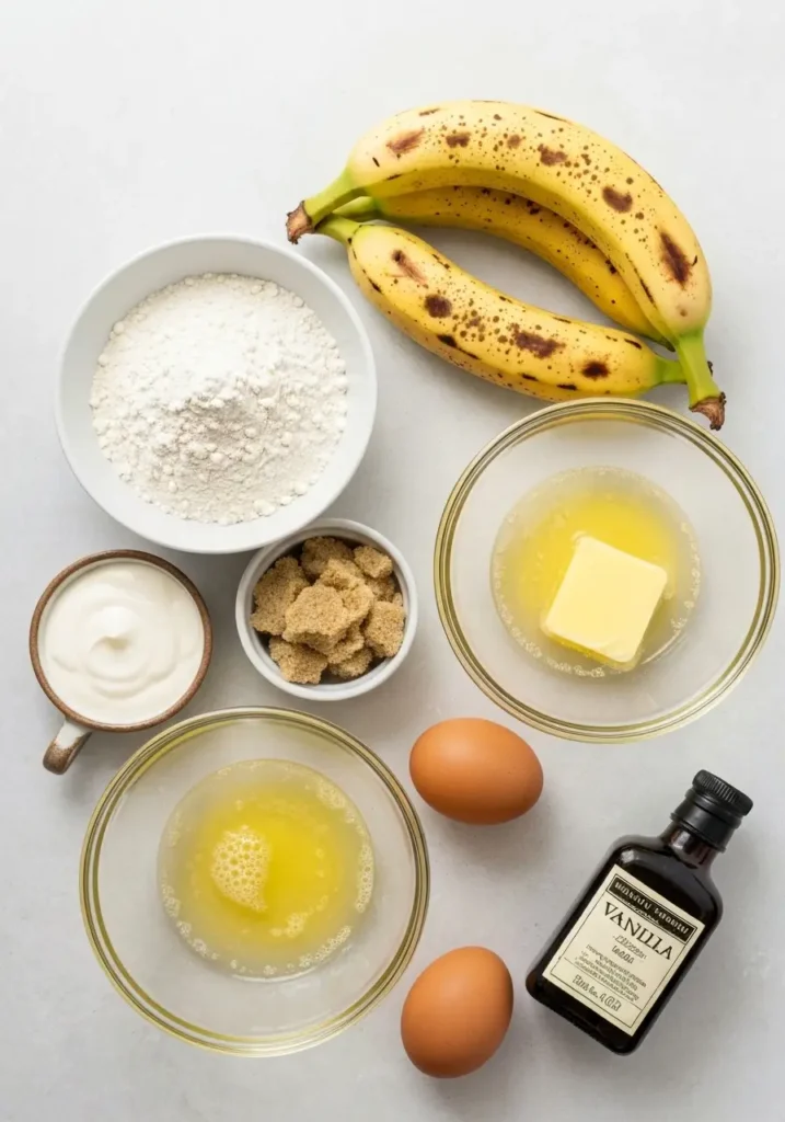 The Ultimate Moist Banana Bread Recipe for a Perfect Loaf Every Time 2 An overhead view of the ingredients for moist banana bread, including bananas, flour, sugar, butter, eggs, and sour cream.