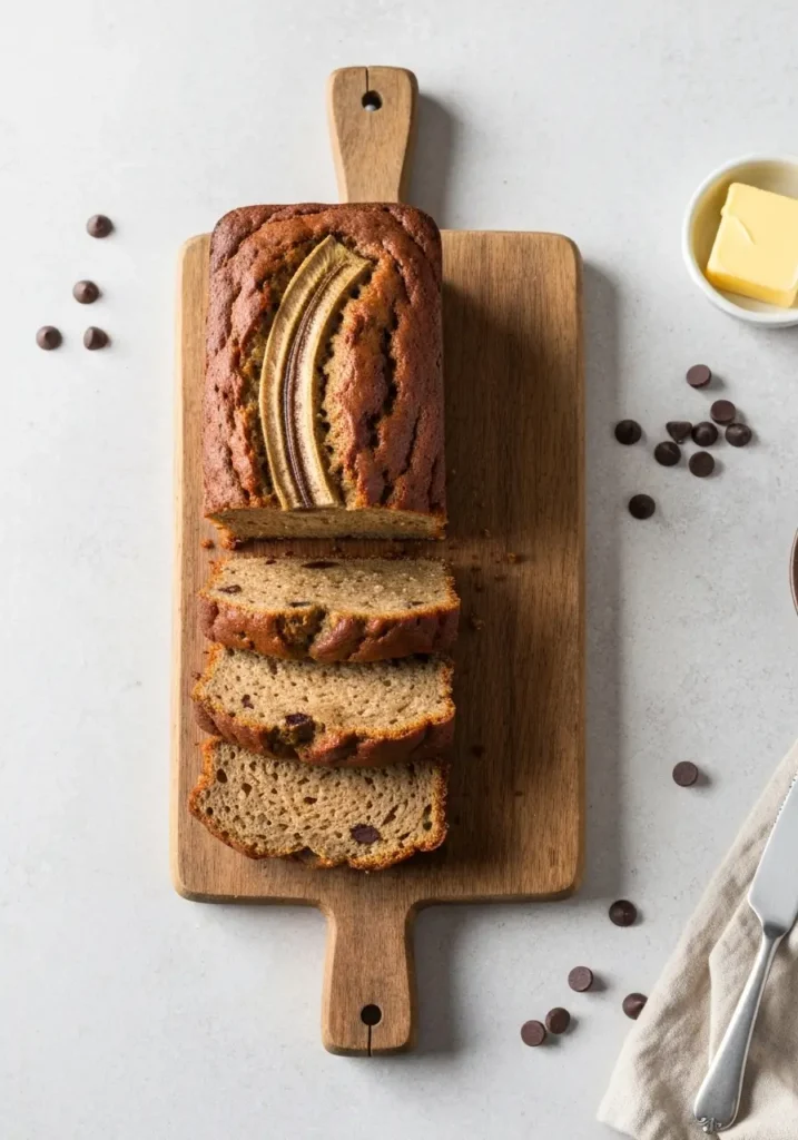 The Ultimate Moist Banana Bread Recipe for a Perfect Loaf Every Time 3 Overhead flat lay shot of a sliced moist banana bread loaf on a wooden board.
