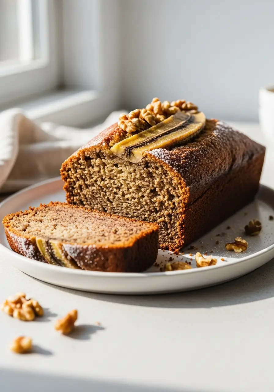 The Ultimate Moist Banana Bread Recipe for a Perfect Loaf Every Time 4 A sliced loaf of moist banana bread on a white platter, with one slice featured prominently to show its texture.