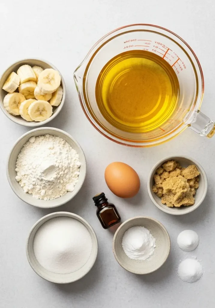 Ingredients for banana bread recipe without butter, including bananas, oil, flour, sugar, and egg.