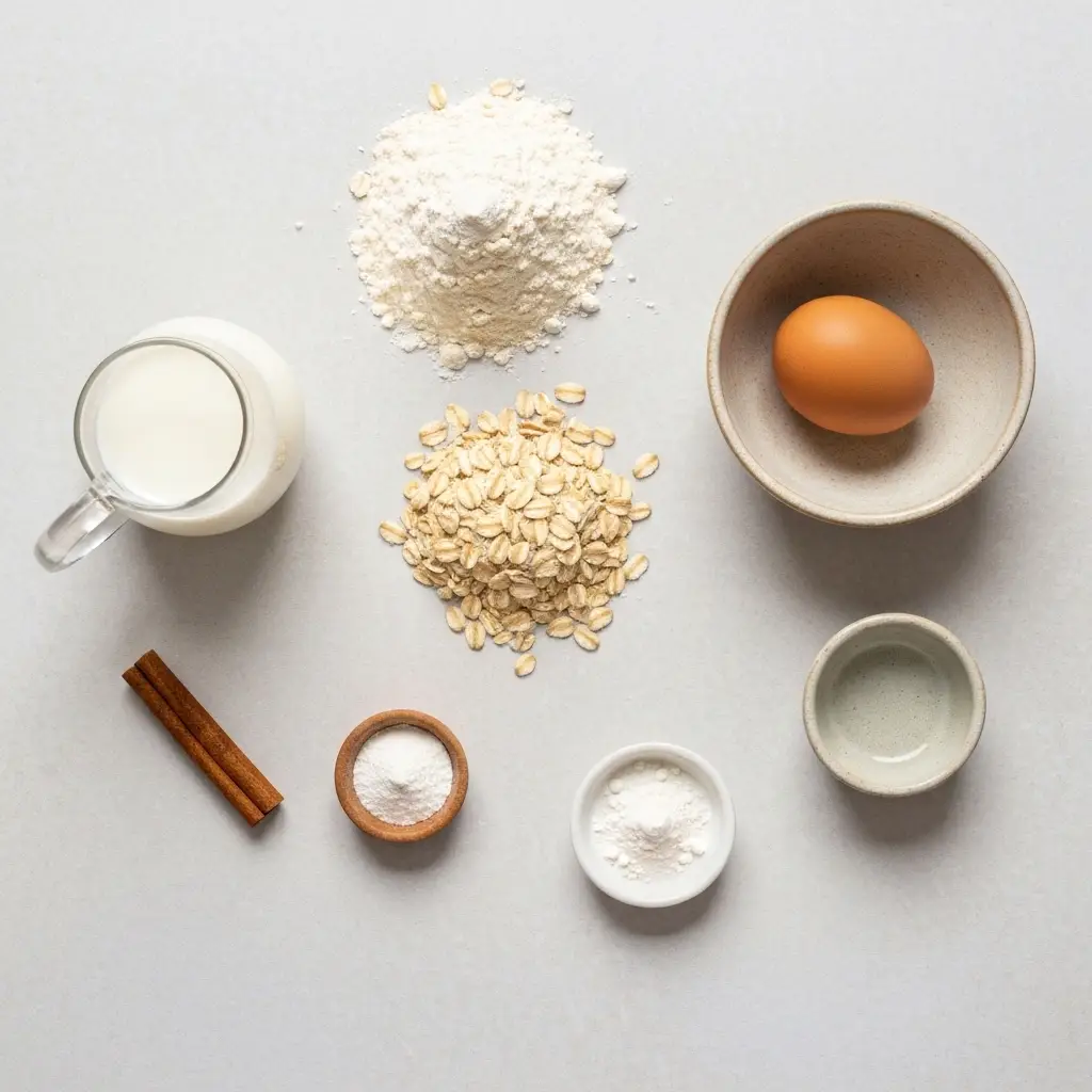 Oatmeal Pancake Recipe (The Best Fluffy & Healthy!) 2 Ingredients for the oatmeal pancake recipe, including rolled oats, flour, milk, and an egg, arranged on a light surface.