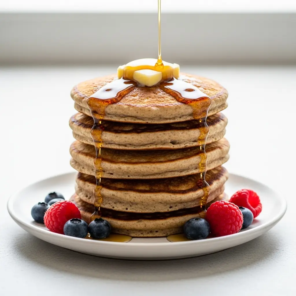 Oatmeal Pancake Recipe (The Best Fluffy & Healthy!) 3 A tall stack of fluffy oatmeal pancakes with melting butter, maple syrup, and fresh berries.