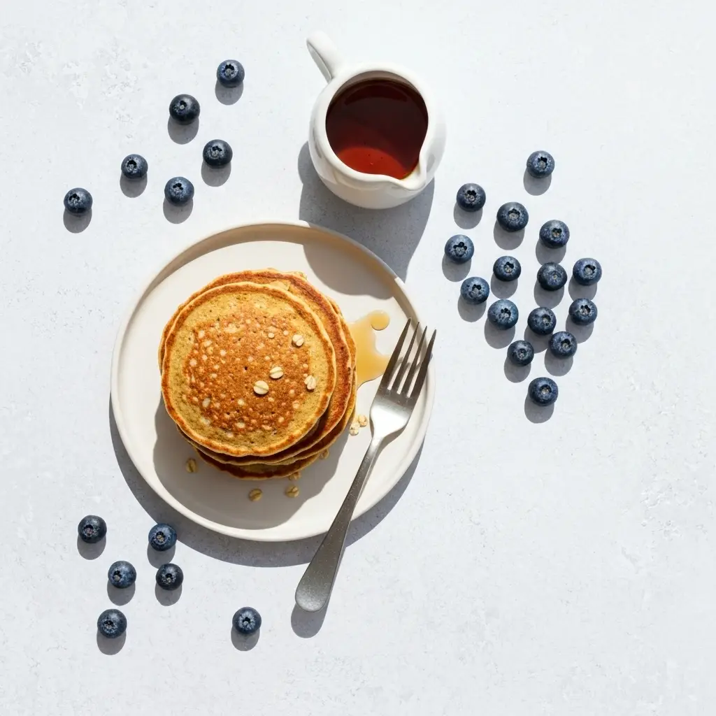 Oatmeal Pancake Recipe (The Best Fluffy & Healthy!) 4 An overhead view of a plate of oatmeal pancakes with syrup and blueberries.