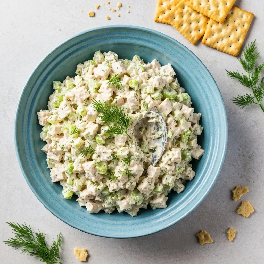 An overhead view of a bowl of creamy, classic chicken salad ready to be served.