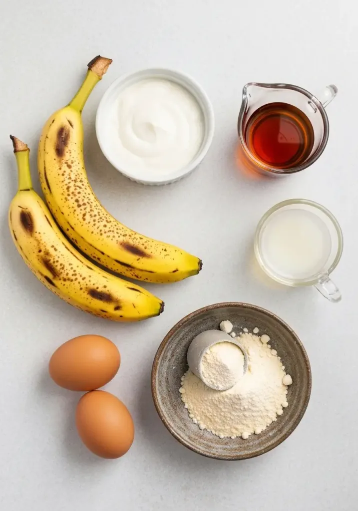 High Protein Banana Bread Recipe (Healthy, Moist & Easy to Make) 2 Ingredients for the protein banana bread recipe, including bananas, protein powder, and Greek yogurt, laid out on a neutral surface.