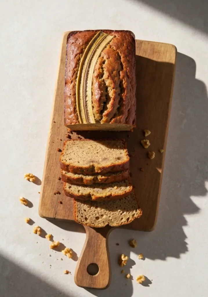 High Protein Banana Bread Recipe (Healthy, Moist & Easy to Make) 3 Overhead view of a sliced protein banana bread loaf on a wooden board.