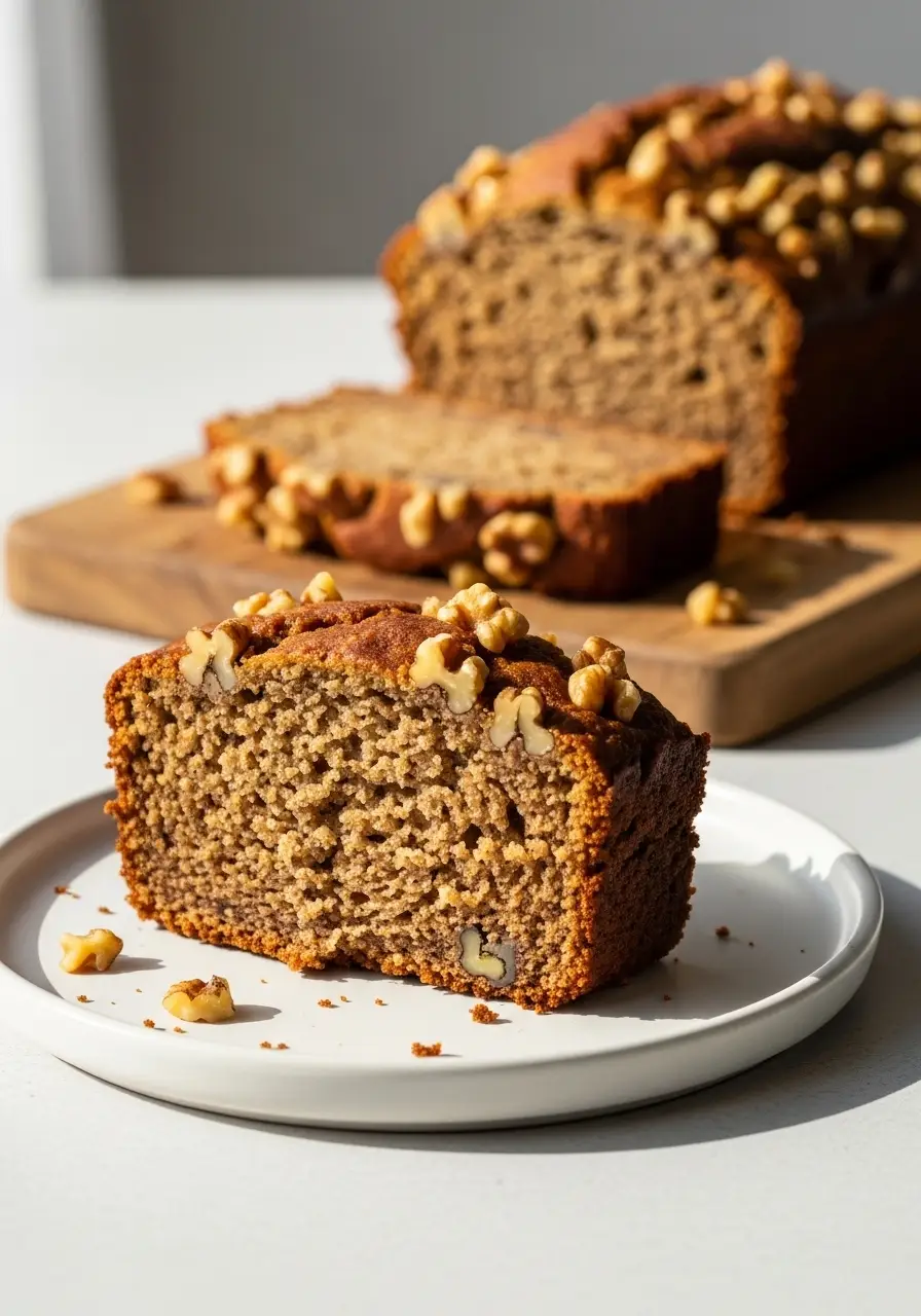 High Protein Banana Bread Recipe (Healthy, Moist & Easy to Make) 4 A thick slice of moist protein banana bread on a white plate, showing its tender texture.