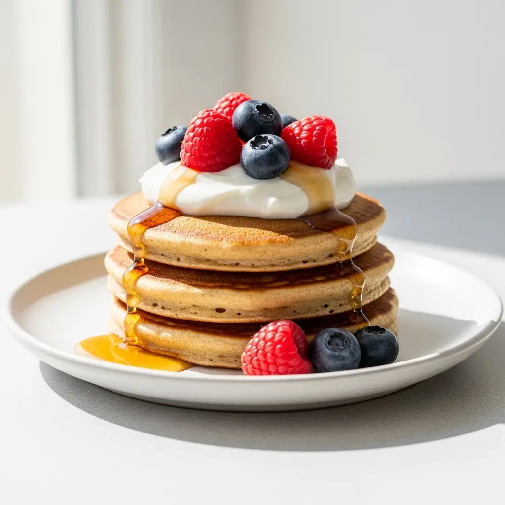 Protein Pancake Recipe (Easy, Fluffy & Healthy!) 3 A stack of fluffy protein pancakes topped with fresh berries and a drizzle of maple syrup on a white plate.
