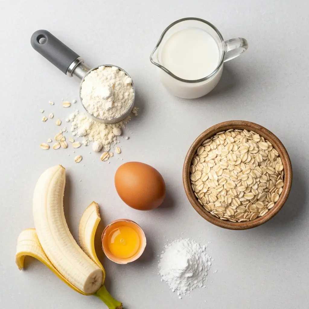 Protein Pancake Recipe (Easy, Fluffy & Healthy!) 2 Ingredients for the protein pancake recipe, including protein powder, oats, egg, and banana, arranged on a light surface.
