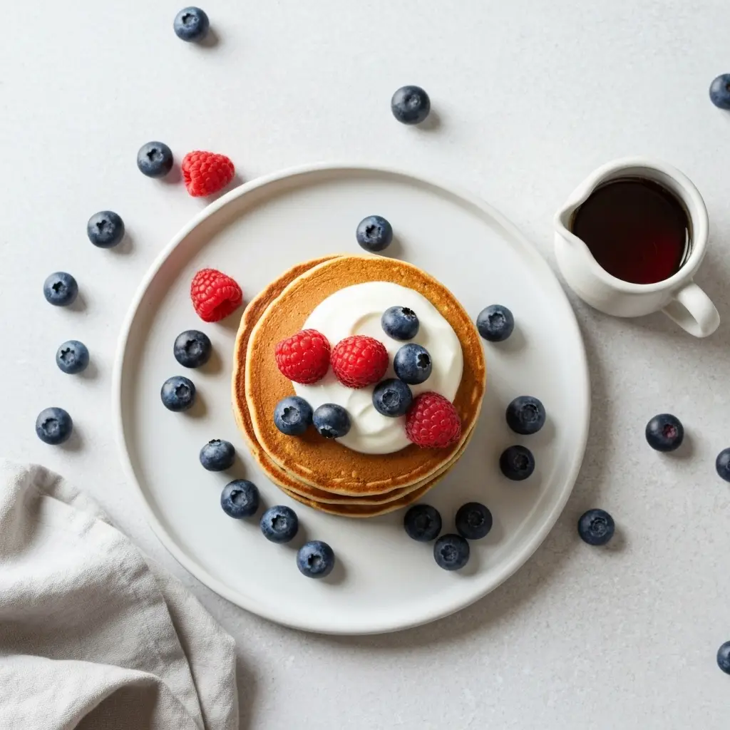 Protein Pancake Recipe (Easy, Fluffy & Healthy!) 4 An overhead view of a plate of protein pancakes with berries and maple syrup.