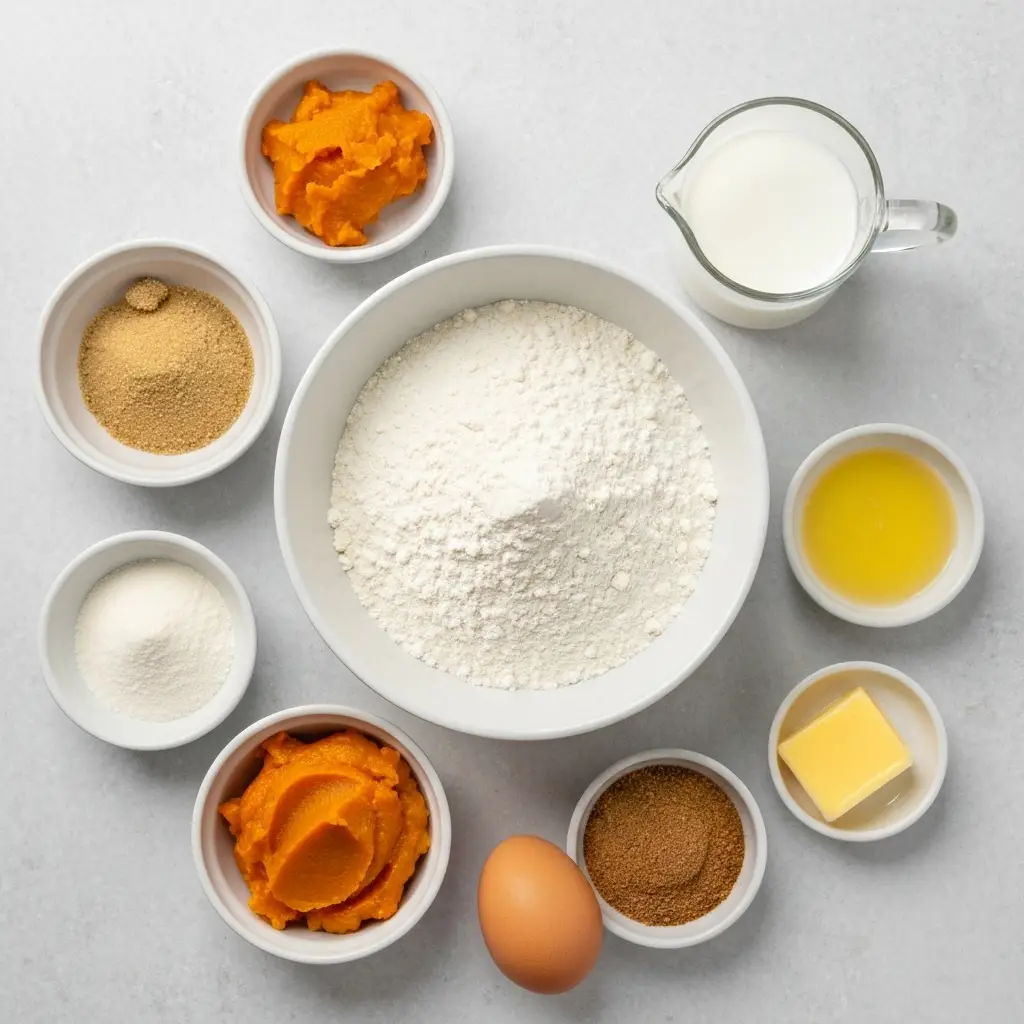 Ingredients for pumpkin pancakes laid out on a light surface, including flour, pumpkin puree, egg, and spices.