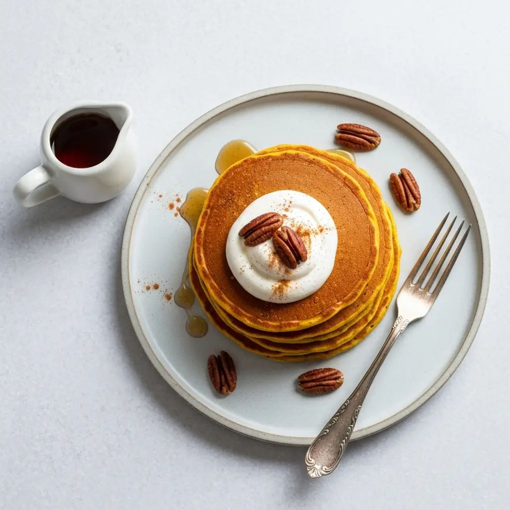 An overhead view of a plate of pumpkin pancakes topped with whipped cream and pecans.