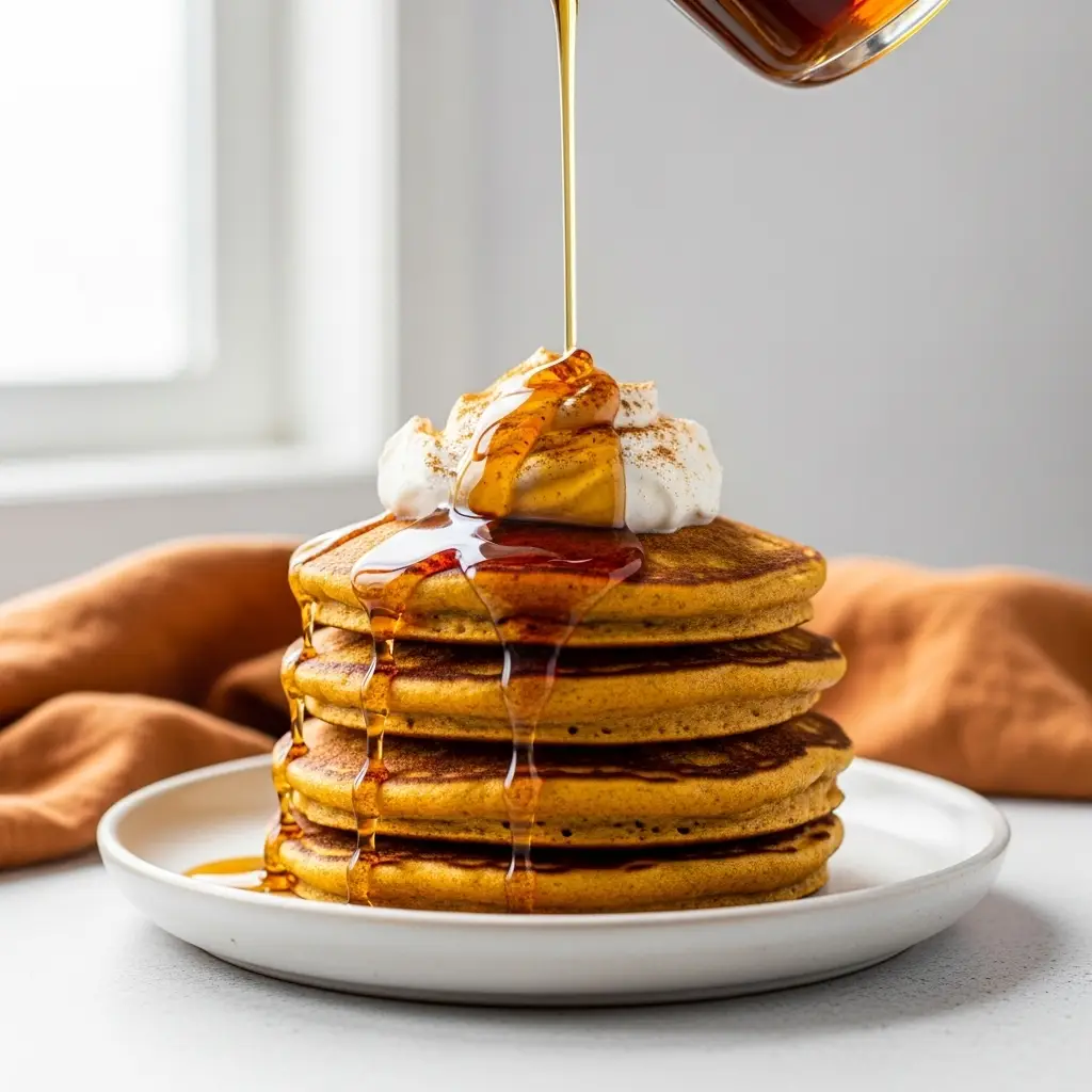 A tall stack of fluffy pumpkin pancakes drizzled with maple syrup and topped with whipped cream.