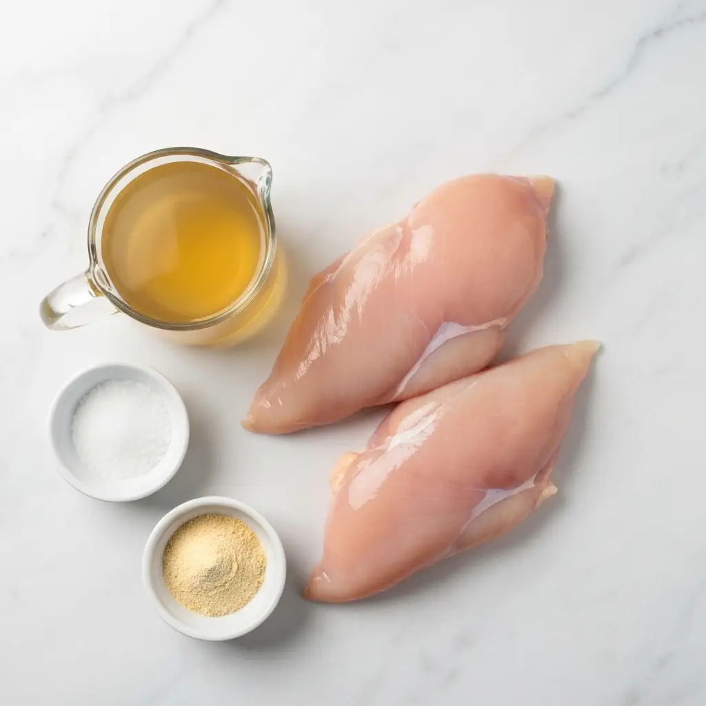 Overhead view of the ingredients for the shredded chicken recipe: chicken breasts, broth, salt, pepper, and garlic powder.