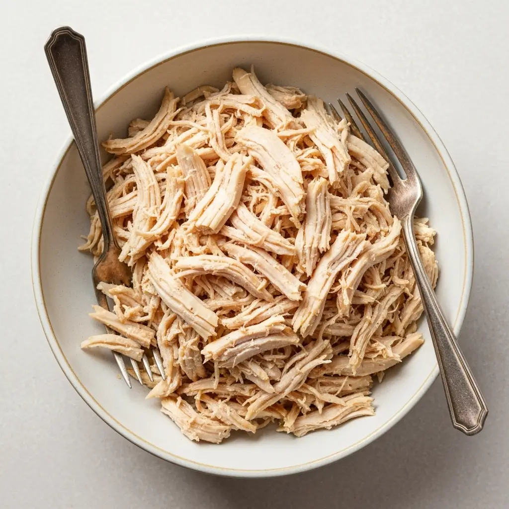 An overhead flat lay shot of a bowl of perfectly cooked and shredded chicken with two forks.