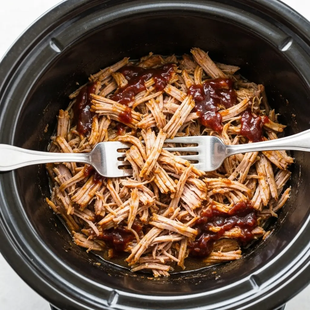 An overhead shot of shredded pulled pork in a crockpot with two forks pulling it apart.