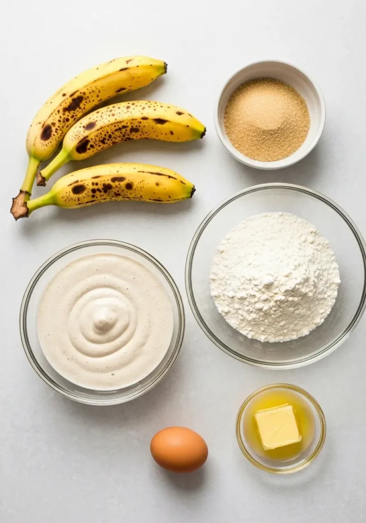 Sourdough Banana Bread Recipe (Use Your Sourdough Discard!) 2 Ingredients for the sourdough banana bread recipe laid out on a neutral surface.